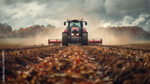  red tractor harrowing arable field photo