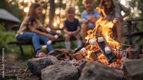 A heartwarming moment of children and their families gathering around a campfire at the Memorial Day picnic, roasting marshmallows and making s'mores as they celebrate the holiday.