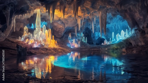 A mystical cavern illuminated by glowing crystals of every hue, where shimmering pools of water reflect the dazzling spectacle of stalactites and stalagmites stretching 