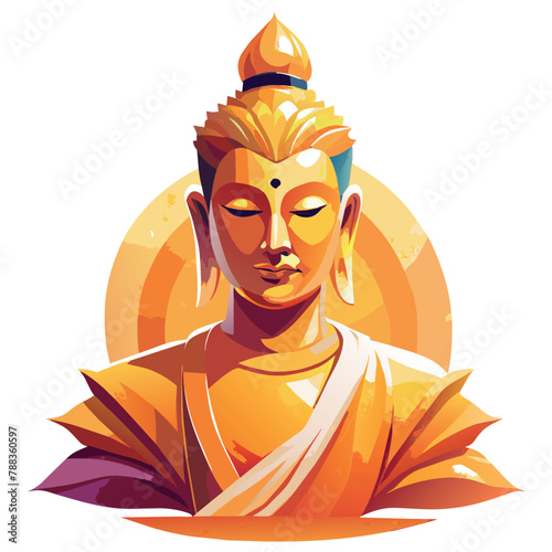 A gold statue of a Buddha with a green hat on his head. The statue is surrounded by water and has a serene and peaceful appearance