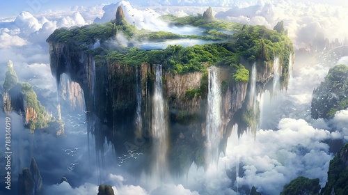 A breathtaking vista of a floating island shrouded in mist, with cascading waterfalls pouring over the sheer cliffs into crystal-clear pools below, surrounded by fluffy clouds and soaring birds © jahanzaib