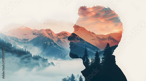 Double exposure combines a man's face, high mountains and forest. Panoramic view. The concept of the unity of nature and man. Dream, reminisce or plan a climb. Memory of a mountaineer. Illustration. photo