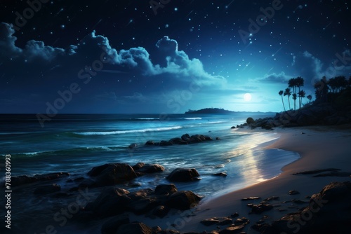 Exotic Tropic night beach sea. Summer dark. Generate Ai