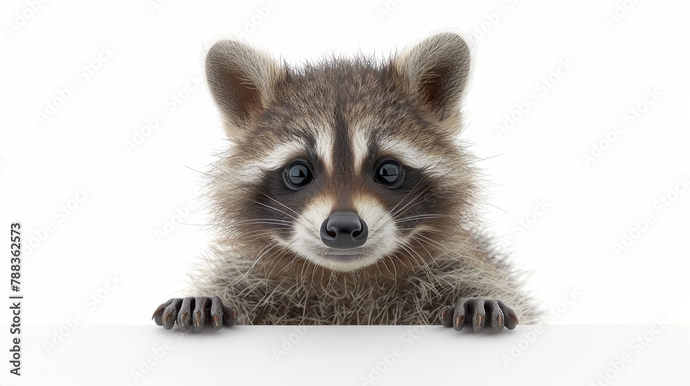 A baby raccoon with its hands on a ledge, looking at the camera with a curious expression