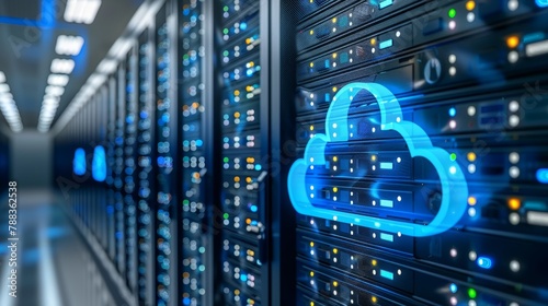 A 3D rendering of a server room with a glowing blue cloud icon in the foreground. photo