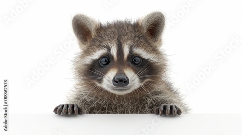 A baby raccoon with its hands on a ledge, looking at the camera with a curious expression © charunwit