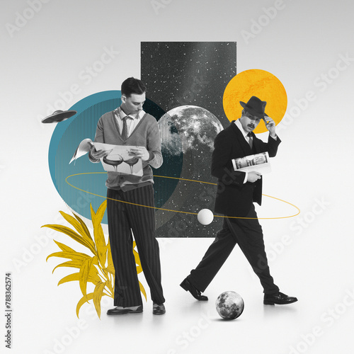 Collage with two men, one reading, plant elements, celestial bodies, geometric shapes, and vintage tones. Contemporary art. Concept of surrealism, creativity, retro style, imagination, inspiration