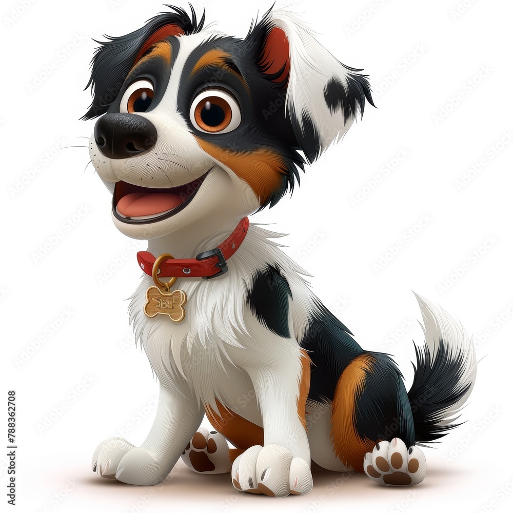 A cartoon dog with black, white, and brown fur, and a red collar with a bone-shaped tag.