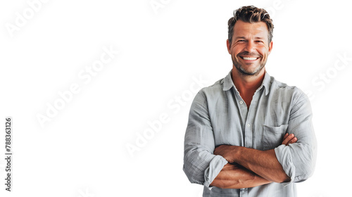  An image of a male manager with an easygoing smile, dressed in a casual linen shirt and jeans, bridging the gap between casual and professional on a bright white background. 