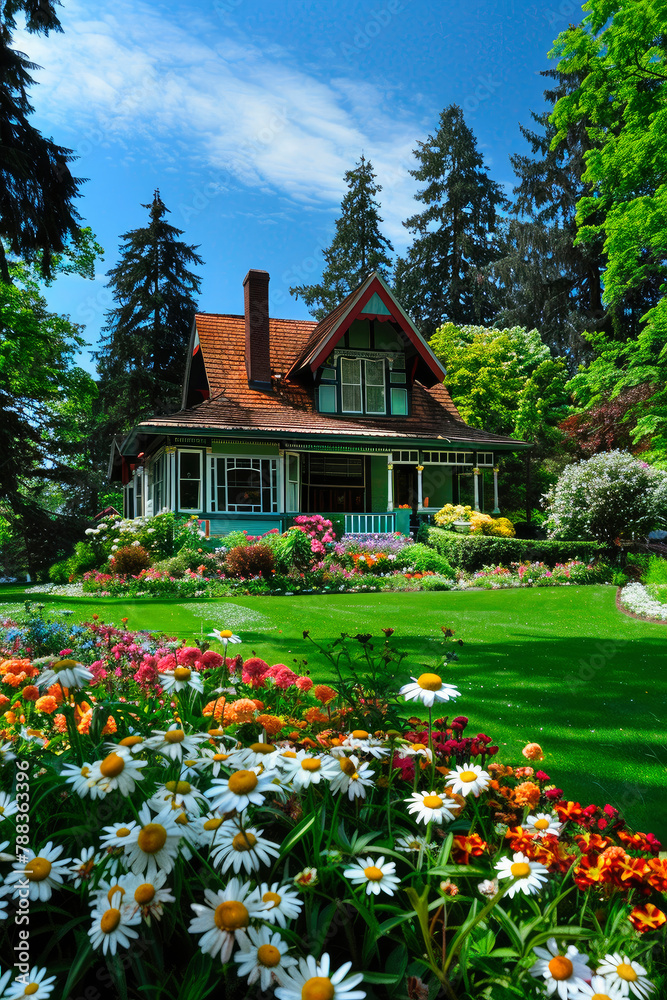country house with a beautiful lawn. selective focus.