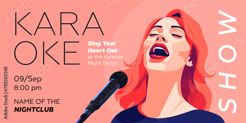 Karaoke party show banner. Music night club festival drawing art print. Woman sing song into mic. Musical event artwork placard template with singing person. Trendy typography cover vector eps design