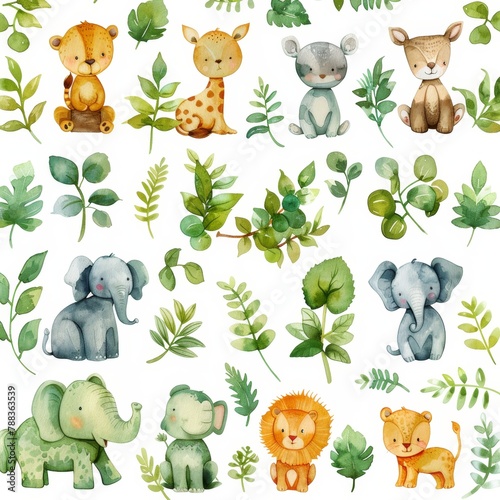 Fototapeta Naklejka Na Ścianę i Meble -  A seamless pattern of cute watercolor jungle animals and leaves.
