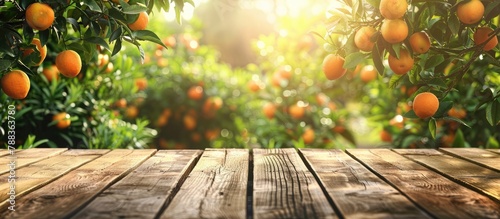 Substitute a wooden table for empty space to adorn, alongside orange trees bearing fruit under sunlight. photo
