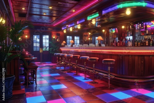 An empty retro bar with purple and blue neon lights reflecting off the shiny dance floor tiles. © charunwit