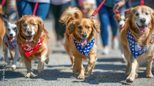 A group of dogs participating in a Memorial Day fundraiser walk, wearing matching bandanas and raising awareness for veterans' causes.