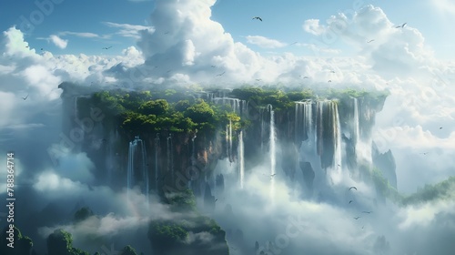 A breathtaking vista of a floating island shrouded in mist, with cascading waterfalls pouring over the sheer cliffs into crystal-clear pools below, surrounded by fluffy clouds and soaring birds