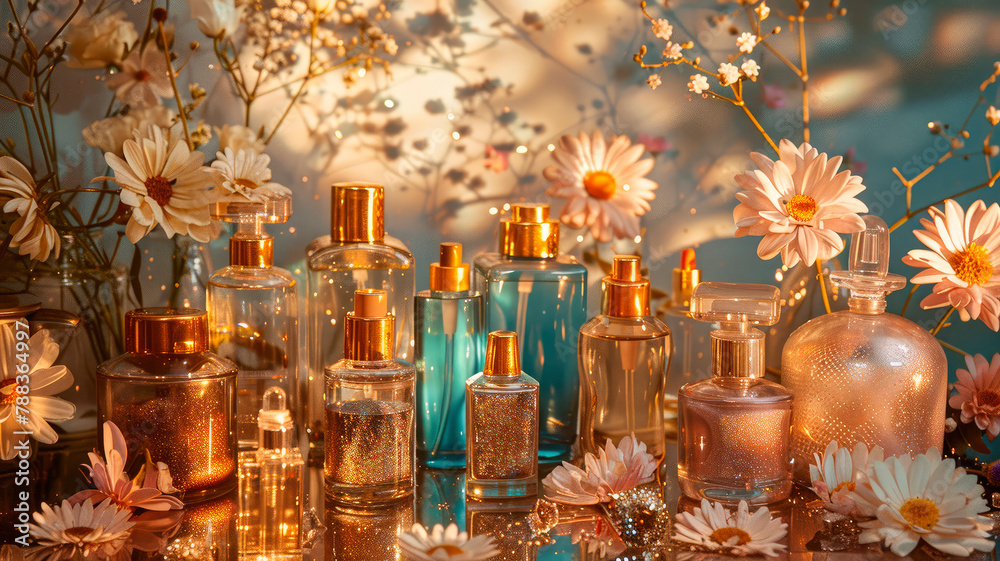 various cosmetics and flowers on the table. selective focus. various cosmetics and flowers on the table. selective focus.