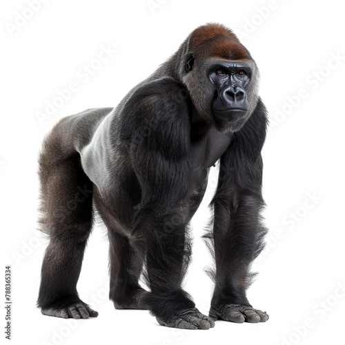 Gorilla standing side view isolated on white background, photo realistic.