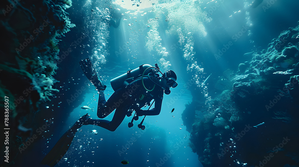 Adventurous scuba diver exploring the serene underwater world Adventurous scuba diver exploring the serene underwater world