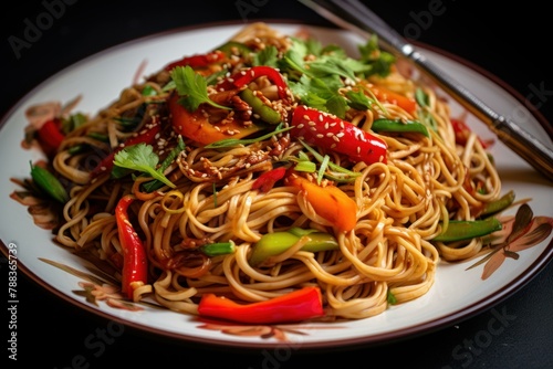Tangy Noodles stir fry. Cuisine dish plate. Generate Ai