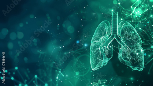 Futuristic, human lungs and medical with healthcare, innovation and respiratory system with diagram. Breathing, lights and bokeh with bronchi branch and tubes with oxygen and illustration of organs