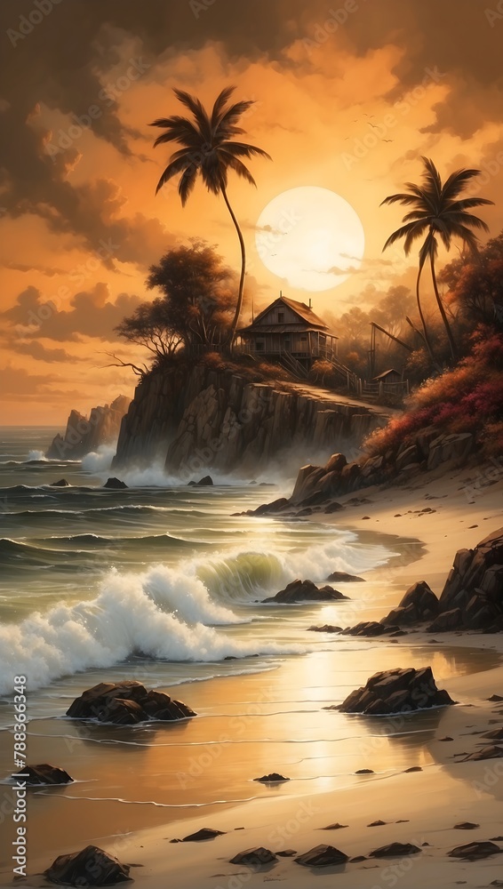 Traumhaftes Gemälde - Küstenlandschaft mit Sonnenuntergang