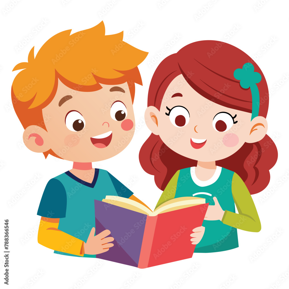 Two enthusiastic children, boy and girl sharing books and learning together, vector cartoon illustration. Two enthusiastic children, boy and girl sharing books and learning together, vector cartoon illustration.