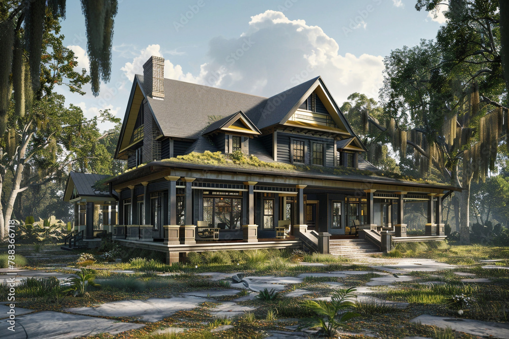 A 3D image of a Craftsman house on the outskirts of Savannah, Georgia, featuring a large wraparound porch, hanging moss, and a blend of historic charm with modern luxuries.