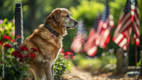 A loyal canine companion sitting beside a grave adorned with American flags, paying tribute to fallen heroes on Memorial Day.