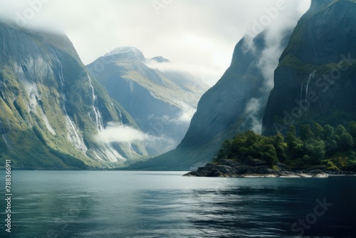 Rugged Norwegian fjord. Lake water europe. Generate Ai