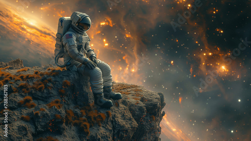 Astronaut on rock surface with space background. photo
