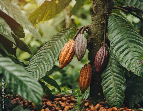 Reife Kakaofrüchte auf Kakaopflanze im Regenwald - alles grün und fruchtig - sieben - Kakaobohnen zur Schokoladen Herstellung photo
