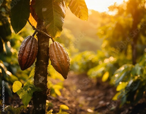 Reife Kakaofrüchte auf Kakaopflanze im Regenwald - alles grün und fruchtig - zwei - Kakaobohnen zur Schokoladen Herstellung photo