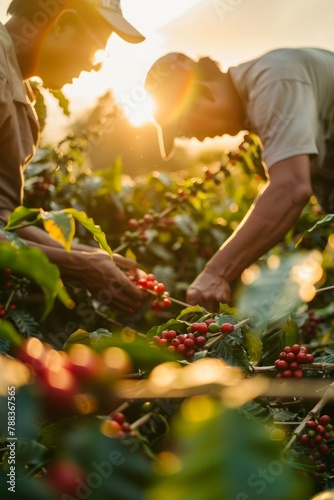 Coffee Farmers Handpicking Ripe Coffee Cherries in The Early Morning Light, Showcasing The Meticulous Care and Dedication Involved in Harvesting, Generative AI