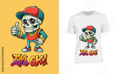Funny Skull Mascot Wearing Hip Hop Cap Saying I'M OK (Pixel Perfect Print T-shirt Mockup)