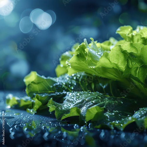 Water droplets glisten on vibrant green lettuce, grown in a chemicalfree vegetable garden, closeup photo