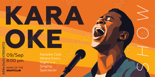 Karaoke party show banner. Music night club festival drawing art print. Man sing song into mic. Musical event artwork placard template with singing black male person. Trendy typography vector design