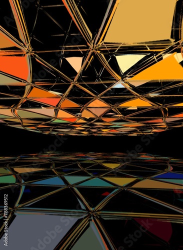 3D exploding surface view of triangular mosaic colourful on a black background