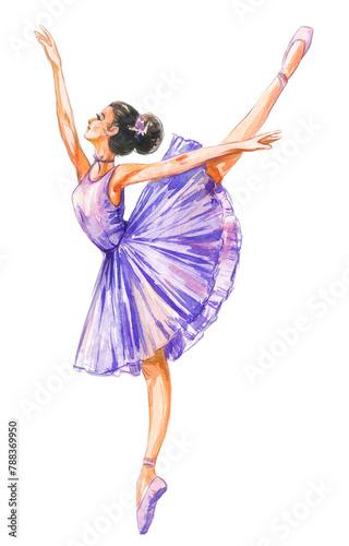 Watercolor illustration of a dancing ballerina on a transparent background