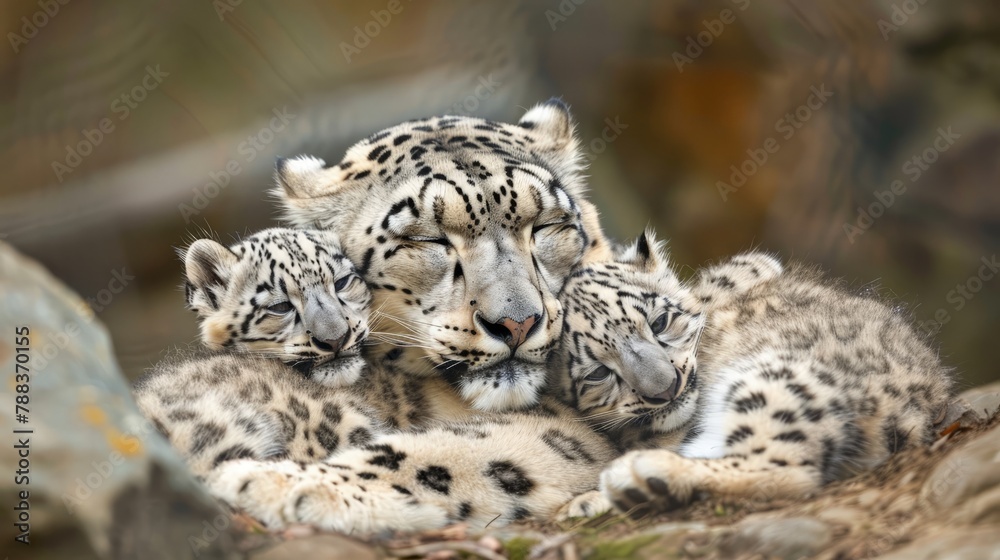 Obraz premium A heartwarming moment of a snow leopard mother cuddling her sleeping cubs, symbolizing maternal devotion