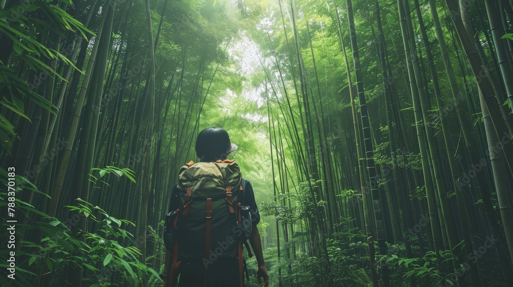 A hiker immersed in the peaceful ambiance of a bamboo forest, surrounded by towering greenery