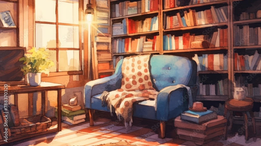 A watercolor depiction of a cozy reading nook show AI generated A watercolor depiction of a cozy reading nook show AI generated