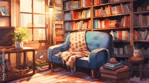 A watercolor depiction of a cozy reading nook show AI generated © StarStockArt