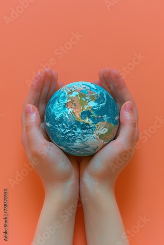Child hands cradling miniature Earth on vivid peach background with copy space AI Image