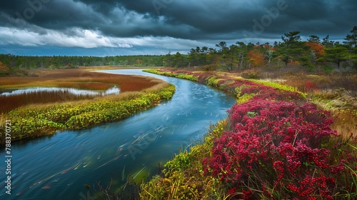 Curving cranberry bog and dramatic cloudscape on Cape Cod in the winter rain. Vibrant green riverbank, red cranberry plants, and autumn forest, blue lake and brooks in Mashpee, Massachusetts, USA. photo