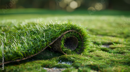 Explore the intricacies of grass installation with this photorealistic image, showcasing sod unrolling like a carpet. AI generative. photo