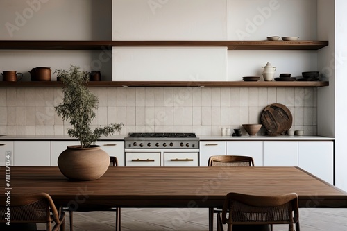 Minimalist Sustainable Kitchen Counter with Pottery and Clean Design, Open Wood Shelving