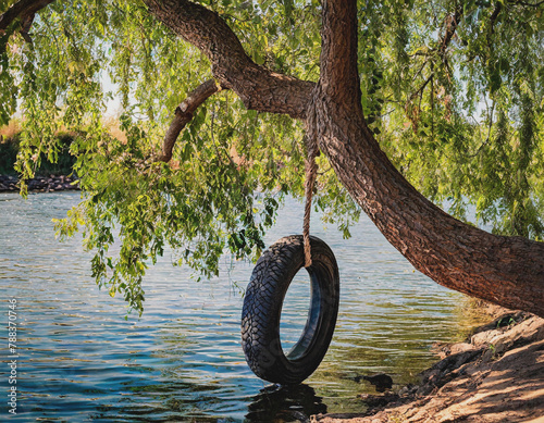 Tire Hanging from Tree Limb at a Swimming Hole AI