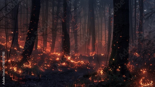 A mesmerizing forest illuminated by flickering flames, capturing the mystique of wildfire