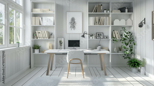 Discover a minimalist study room with Scandinavian design, showcasing a realistic study table and chair in white and gray. AI generative.